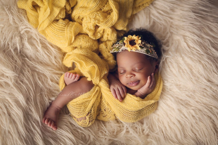yellow fringe baby swaddling wrap or layering prop with sunflower headband by custom photo props