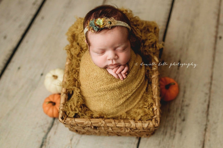 curly faux wool fur newborn baby girl photo prop in mustard yellow
