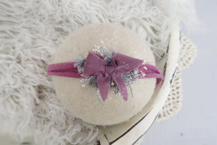 mauve pink or purple bow headband with adjustable band photography prop