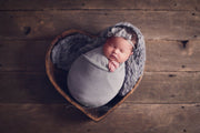 blue/gray/purple newborn stretch swaddling wrap with newborn baby girl in heart bowl photo prop
