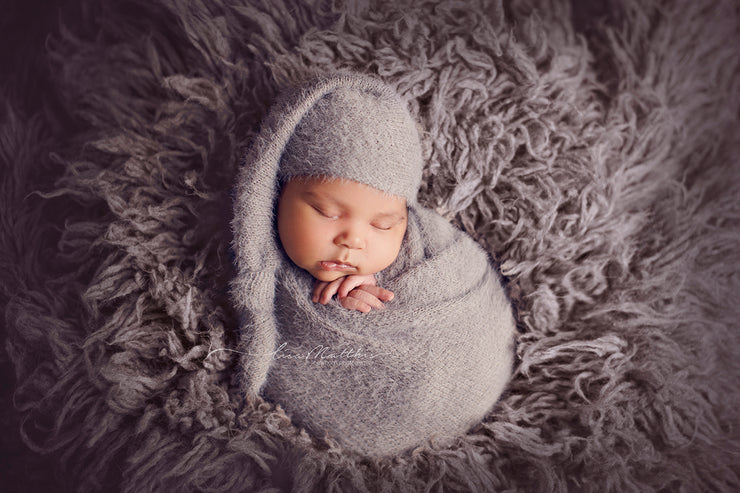 gray, newborn boy, fuzzy, faux mink or angora newborn baby swaddling wrap for photographers by custom photo props