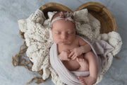 adorable baby girl photos with heart wood prop, blanket and flower headband