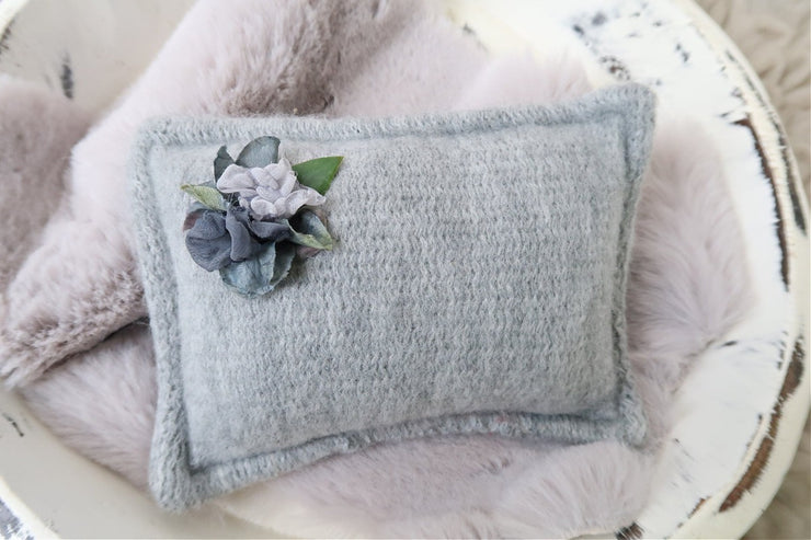 small gray and beige newborn prop set: pillow and rabbit pelt fur