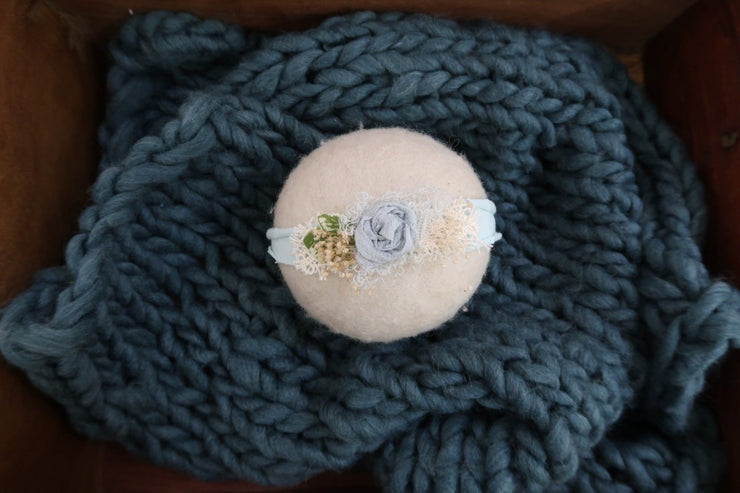 aqua blue simple rosette headband for newborn girl photos. adjusts to growing baby