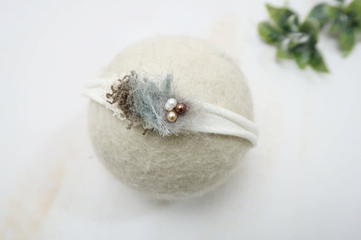 blue, white moss newborn pearl headband with adjustable size