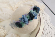blue, purple, teal moss newborn baby headband flowers tie back