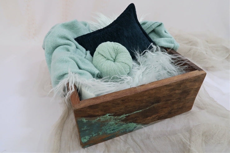 mint green and teal newborn baby girl and boy prop set with wood crate, fur, swaddle pillow