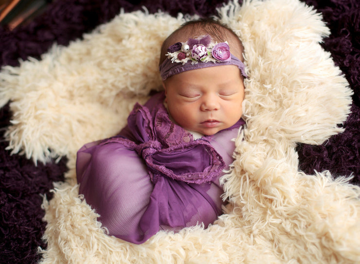newborn photography purple and white photo prop faux fur Demure Vintage Lace Silk Artisan Layer 