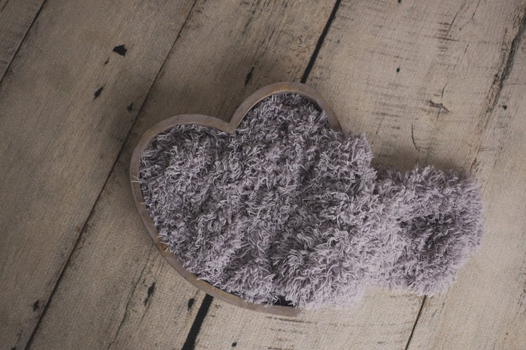 large purplish gray heart bowl photography prop for baby girl photos with large purple fur