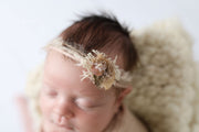 ivory, tan, cream taupe and pink newborn headband with adjustable band for smaller babies