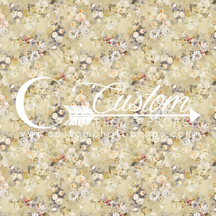 aged yellow floral print newborn baby or family photography backdrop and floor by custom photo props