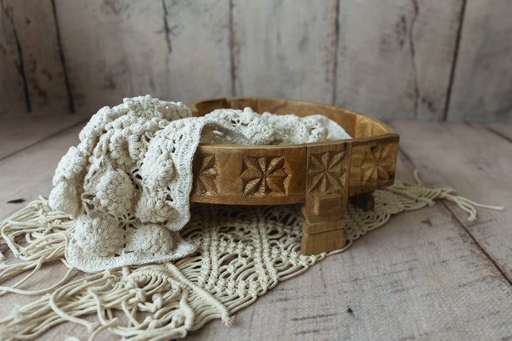 raised  heart bowl with natural macrame rug and knit blanket for baby photo props