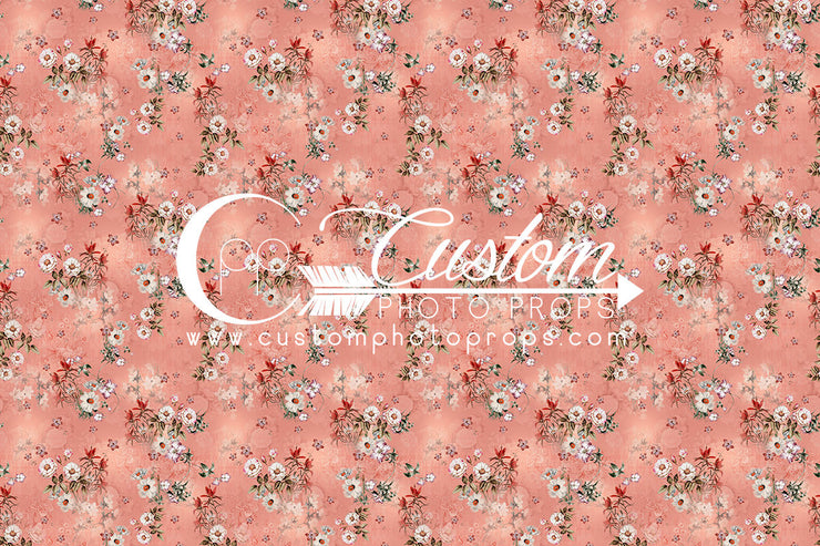 coral orange pink flower backdrop with small flowers. comes in paper, vinyl or cloth