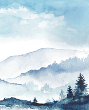 watercolor mountain scene in blue shades for baby or kid backdrop
