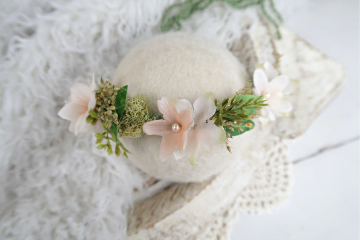 green leaves and light peach petals newborn and baby halo. good for christening or baptism accessory for baby girls. 
