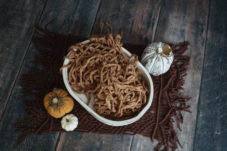 brown macrame rug with oval bowl, pumpkins and fringe chunky blanket newborn props