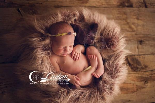 Two tone, long newborn faux fur fabric photography prop with baby girl and mini bear