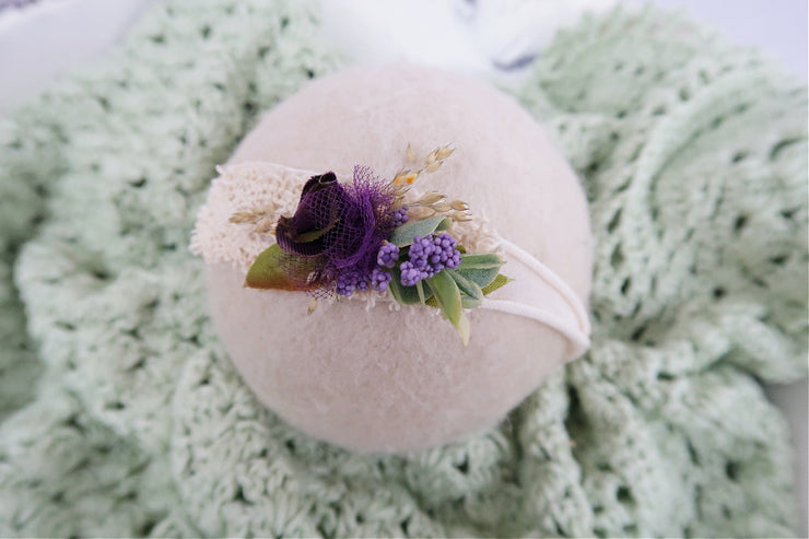 purple newborn baby headband with succulent leaves and tying back by custom photo props