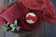 matching newborn baby girl red photo prop set with pillow, layer, crochet doily and furry wrap