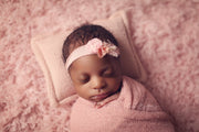 newborn baby girl swaddling wrap pink and matching flower headband photography props