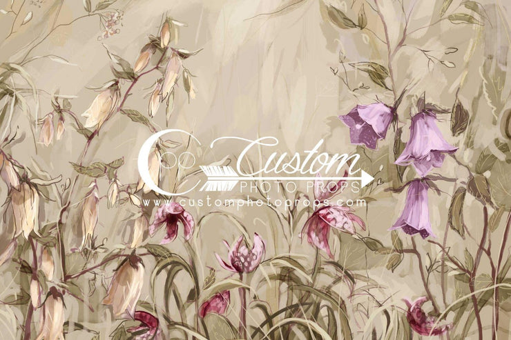 This feminine floral daylily photo backdrop is great for photographing little girls. It's painted in earthy green, khaki and purple tones. 