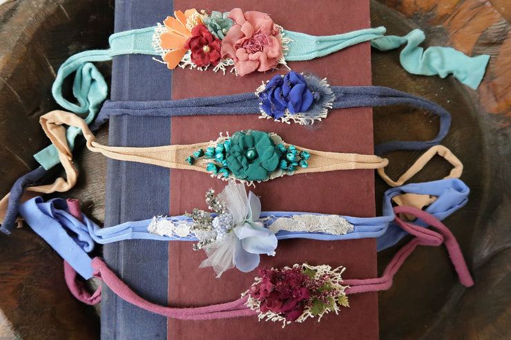 turquoise, blue, teal, magenta, purple newborn baby photography prop headband with flowers