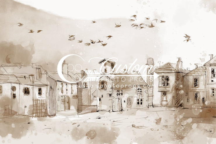 hand drawn little village. looks like it's from early 1900's photograpy backdrop in watercolor