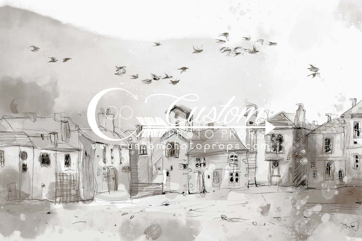 gray sketched watercolor small town with flying birds backdrop by custom photo props