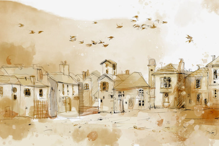 tan sketch of small town with pebble ground, birds flying. photography backdrop