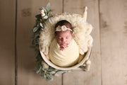 newborn baby photography prop set in all ivory, fur, headband on chair