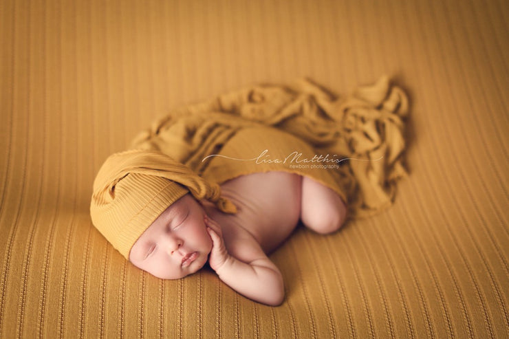 yellow striped newborn baby posing fabric with newborn boy and matching sleepy hat. Complete matching set or buy separate by custom photo props