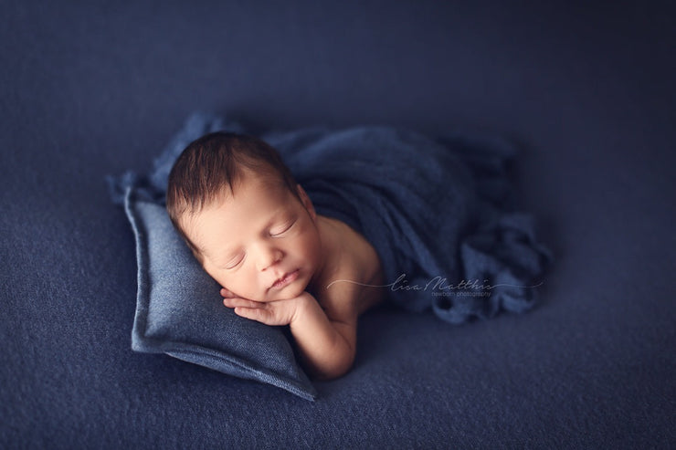 newborn boy with jean fabric pillow photography prop by custom photo props