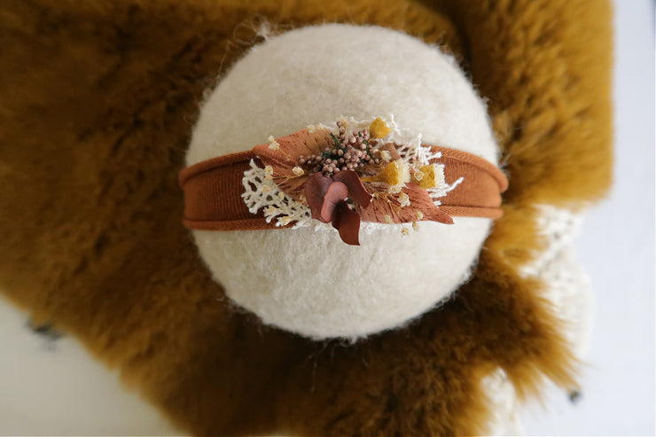 rusted orange floral newborn baby girl headband for newborn photographers with cotton lace, dried flowers