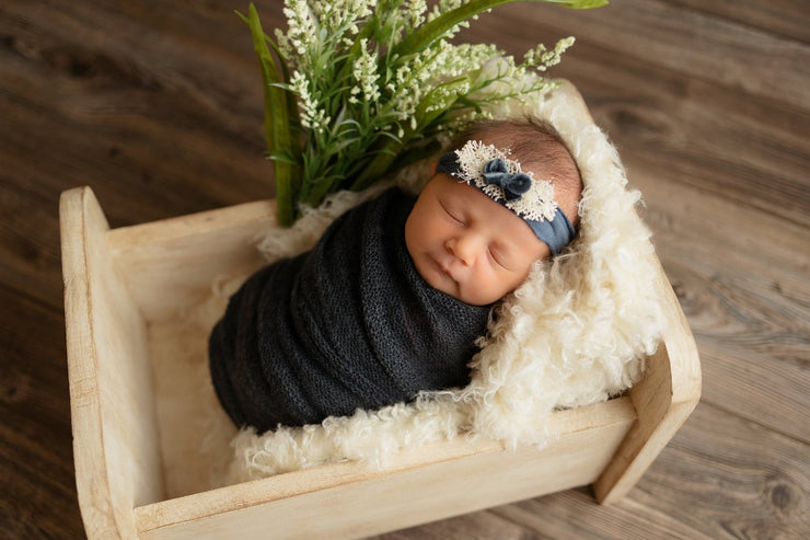 dark blue newborn baby swaddling wrap photography prop with matching bow headband