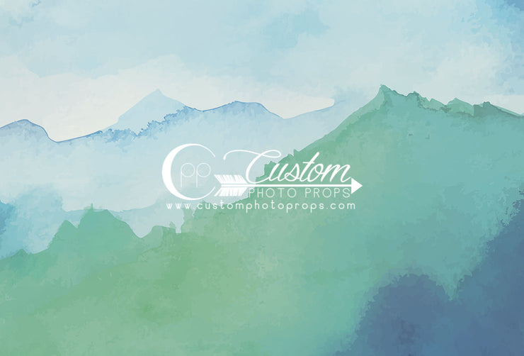 blue and green watercolor mountain backdrop photography prop for portraits by custom photo props