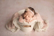 vintage pink peach chiffon flower newborn baby girl headband silk band and fresh water pearls.