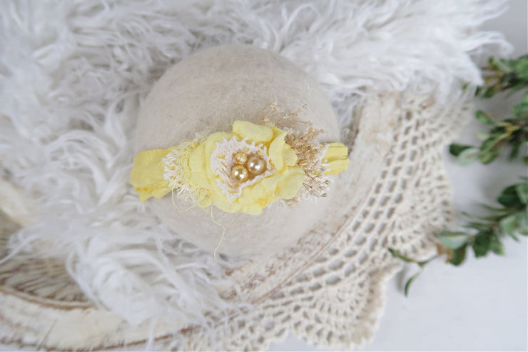 yellow newborn baby girl silk and chiffon flower with pearl photography prop headband