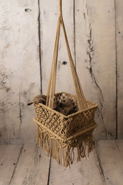 dark tan hanging fringe hanging basket for newborn baby photo props. use outdoors or inside studio