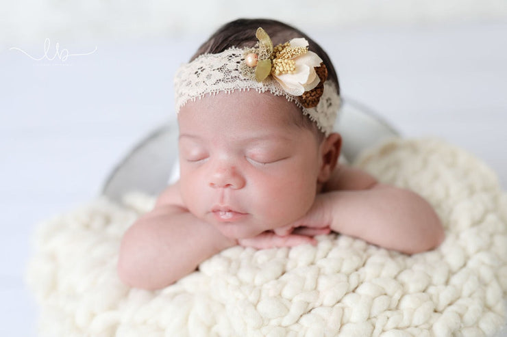 newborn baby flower headband in beige and tan lace flower with pearl headband