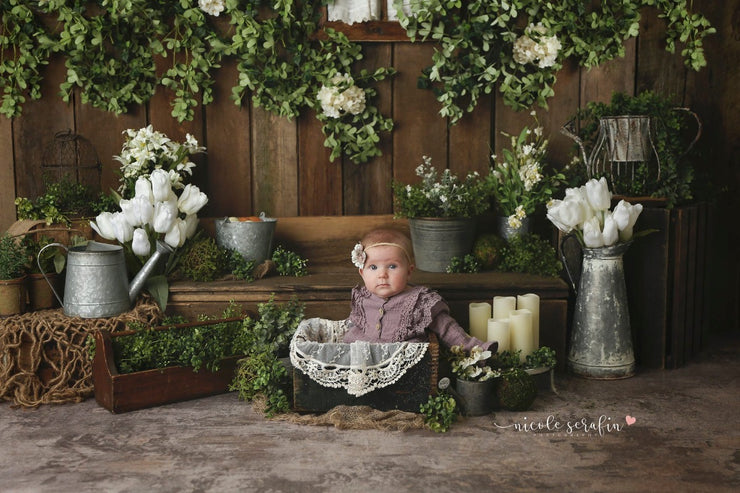 large plank, warm stained, hardwood flooring or wall backdrop with little girl in studio setup