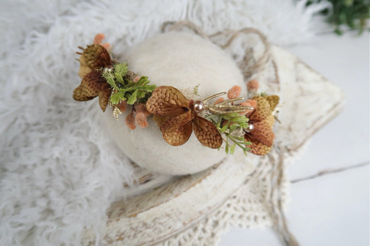 earthy green and, brown orange newborn baby flower halo for newborn baby photography. made by Custom Photo Props