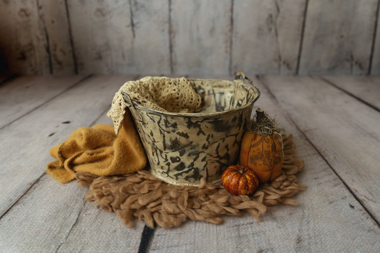 fall newborn or sitter photo prop rusty, worn, aged, painted pail or bucket for baby photos