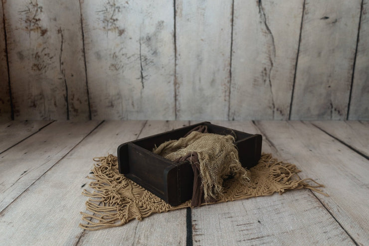 dark wooden rectangle and metal newborn posing box or crate for studio sessions