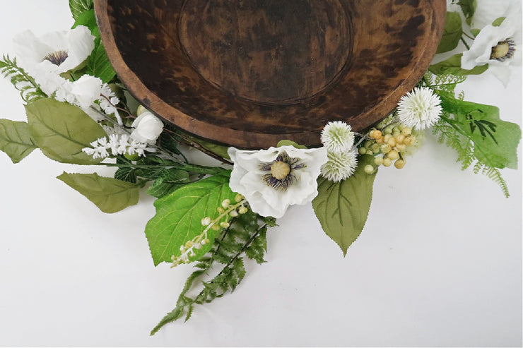 white large flower garland with large green leaves and real looking berries newborn photo prop bowl