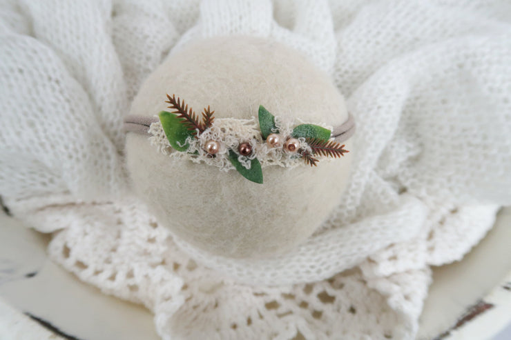 newborn baby, small, headband with fake leaves, pearls and natural dried foliage by custom photo props